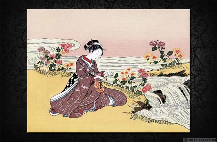 Девушка, собирающая хризантемы у ручья
