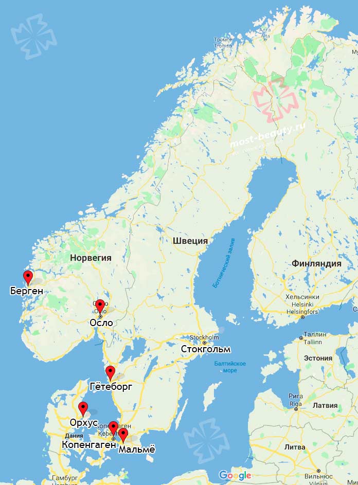 Самые красивые города Скандинавии на карте.